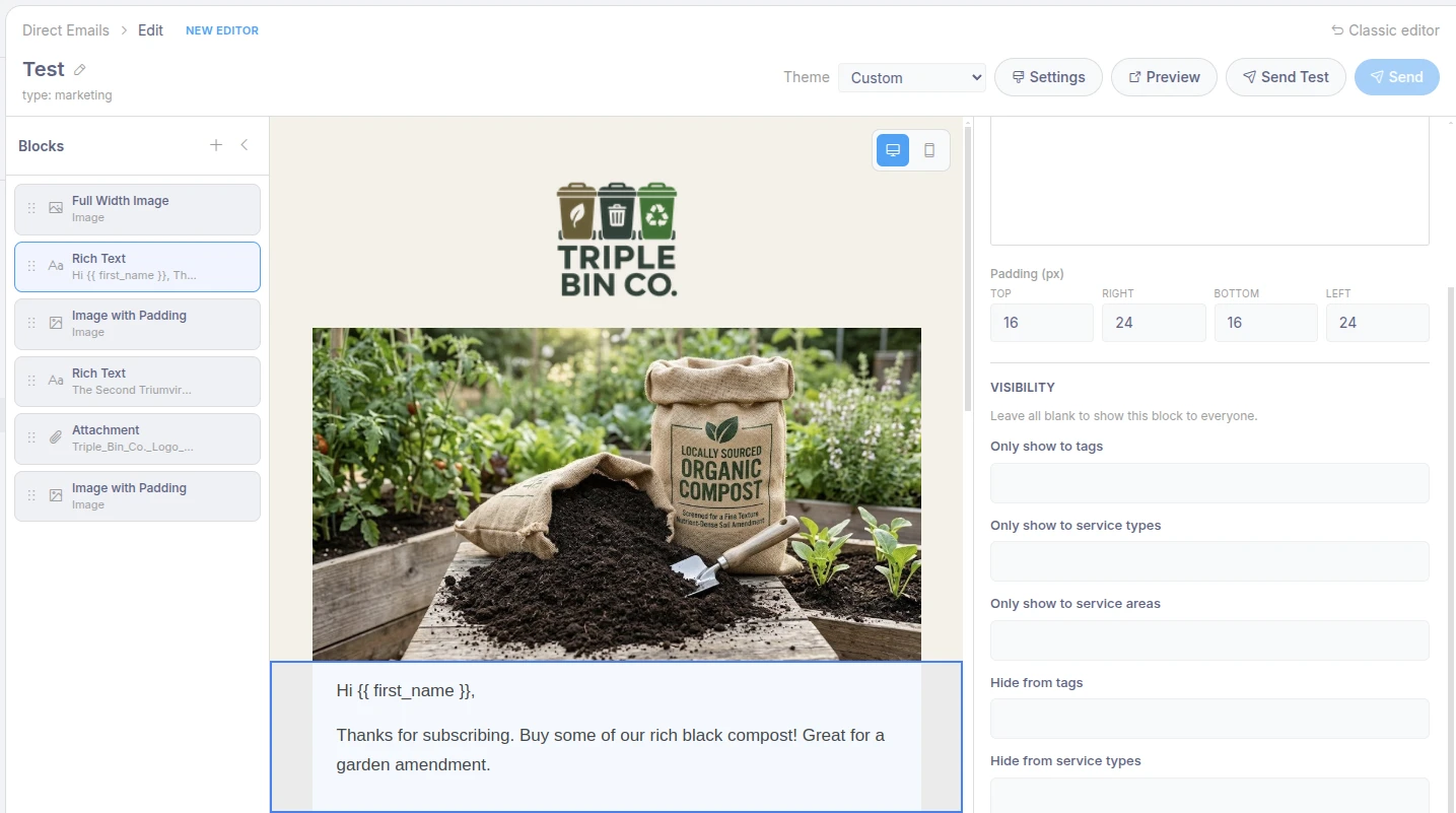 The new email editor showing drag and drop blocks, a live preview of the email, and per block settings